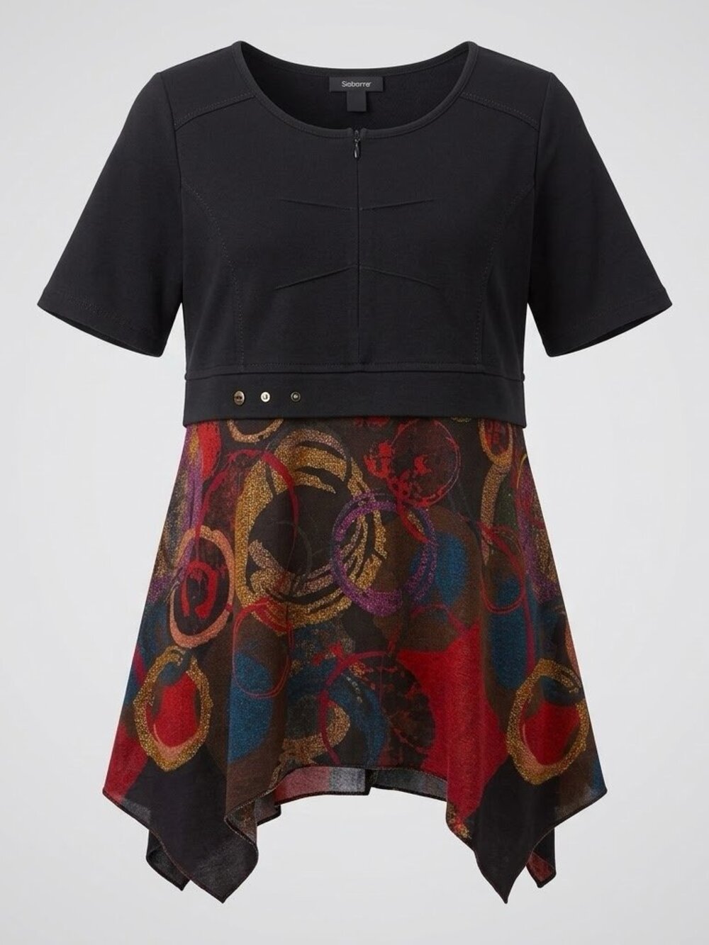 Women’s Plus Size Tunic Top 14/16 Black Art Print Asymmetrical Hem Boho Stretch